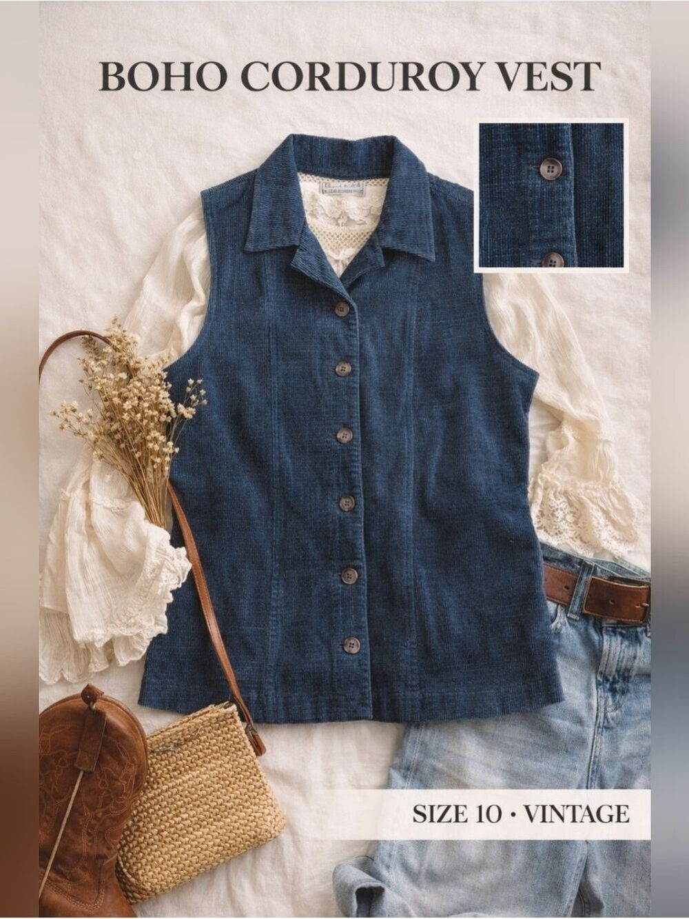 Eagle River Traders Blue Corduroy Vest Button Front Women’s Size 10 Boho Western